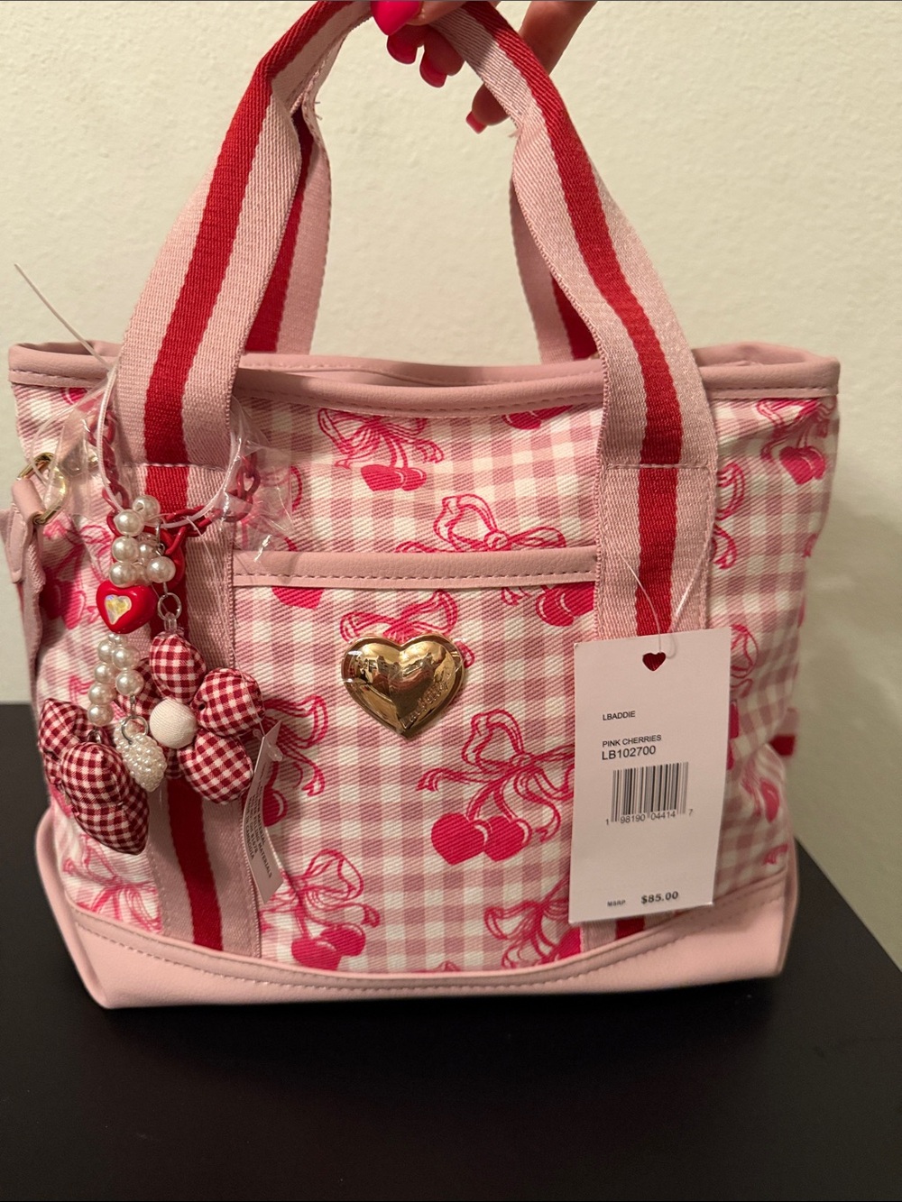 BETSY JOHNSON Pink Cherry Print Tote Bag with Heart Accent AND Purse Charm
*FIRM